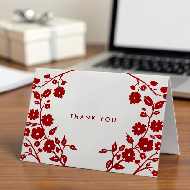 Charming Burgundy Folk Art Floral Thank You Custom Card (Creator Uploaded)