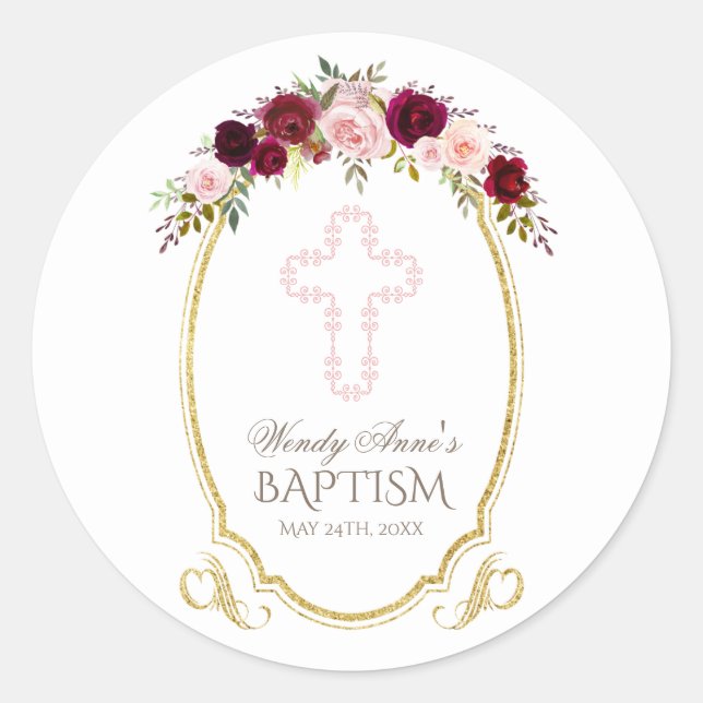 Charming Burgundy Marsala Floral Baptism Monogram Classic Round Sticker (Front)