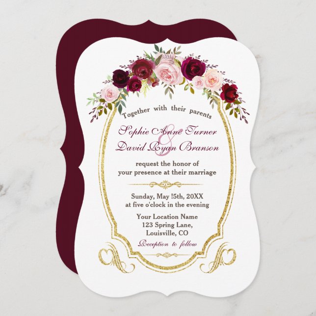 Charming Burgundy Marsala Floral Fall Wedding Invitation (Front/Back)