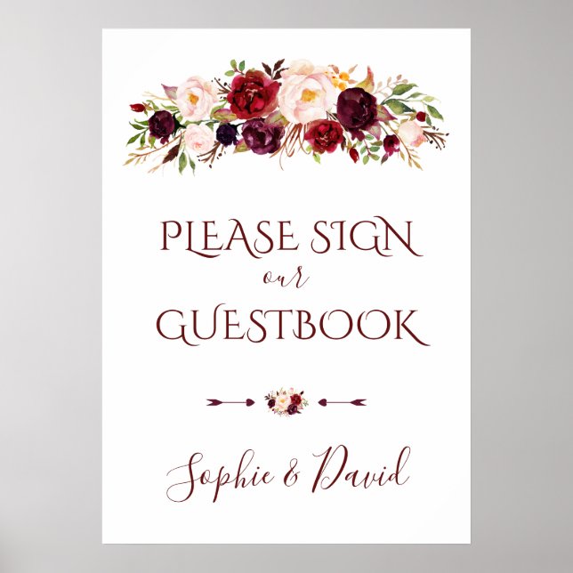 Charming Burgundy Marsala Floral Guestbook Sign (Front)