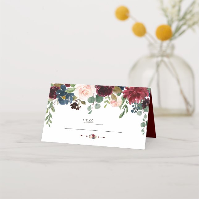 Charming Burgundy Navy Blue Floral Table Number Place Card (Front)