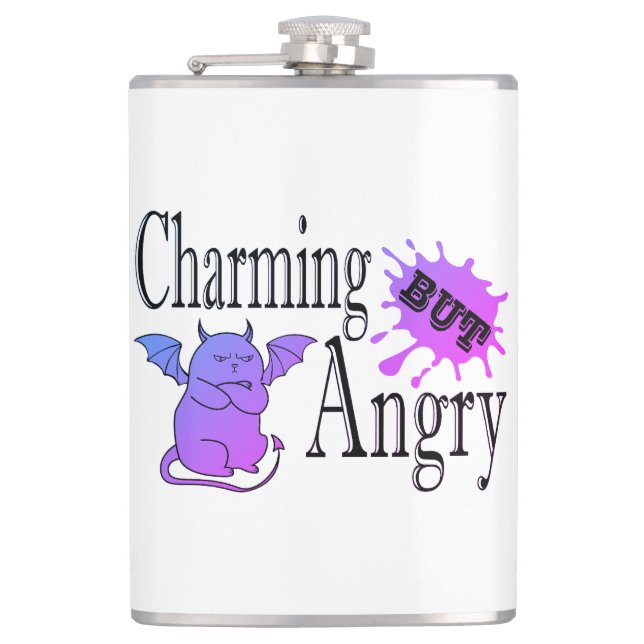 Charming but angry little devil cat funny quote hip flask (Front)