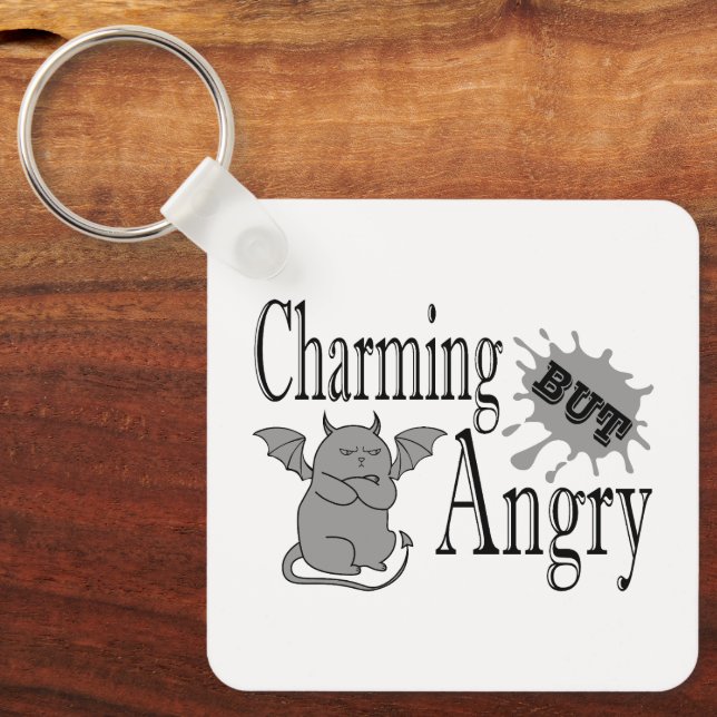Charming but angry little devil cat funny quote key ring (Front)