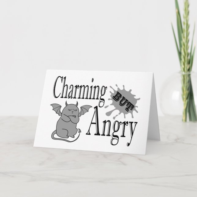 Charming but angry little devil cat funny quote note card (Front)