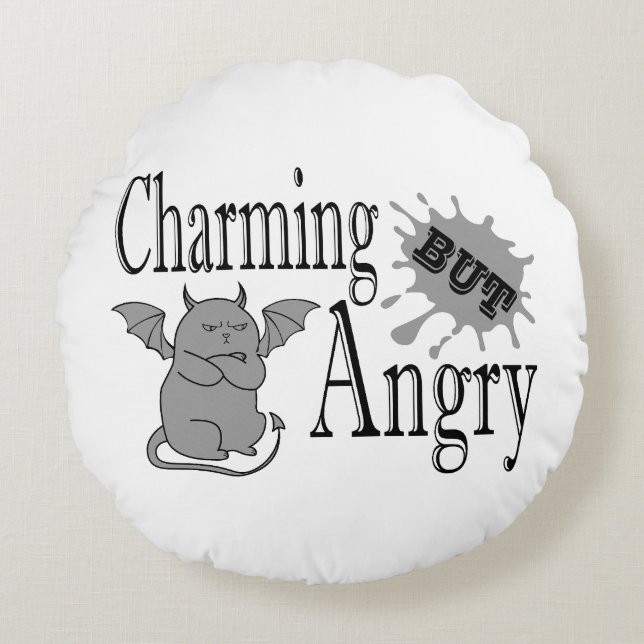 Charming but angry little devil cat funny quote round cushion (Front)