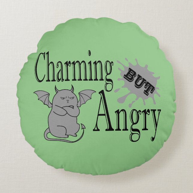 Charming but angry little devil cat funny quote round cushion (Front)