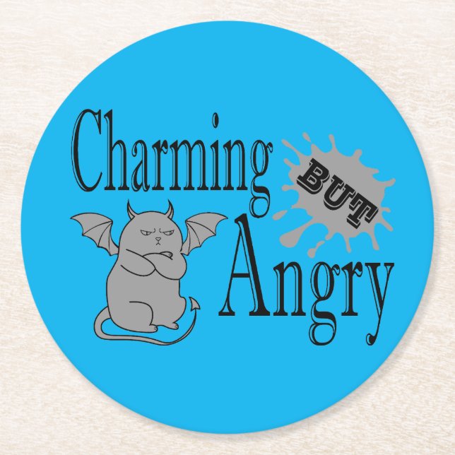 Charming but angry little devil cat funny quote round paper coaster (Front)