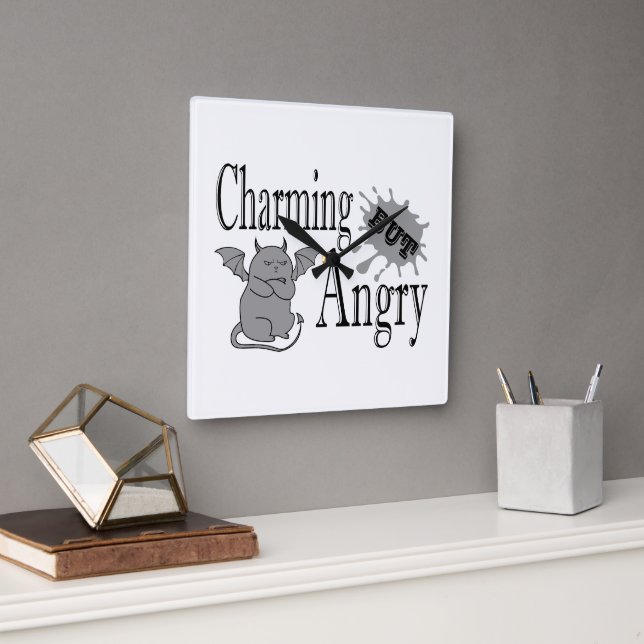Charming but angry little devil cat funny quote square wall clock (Office)