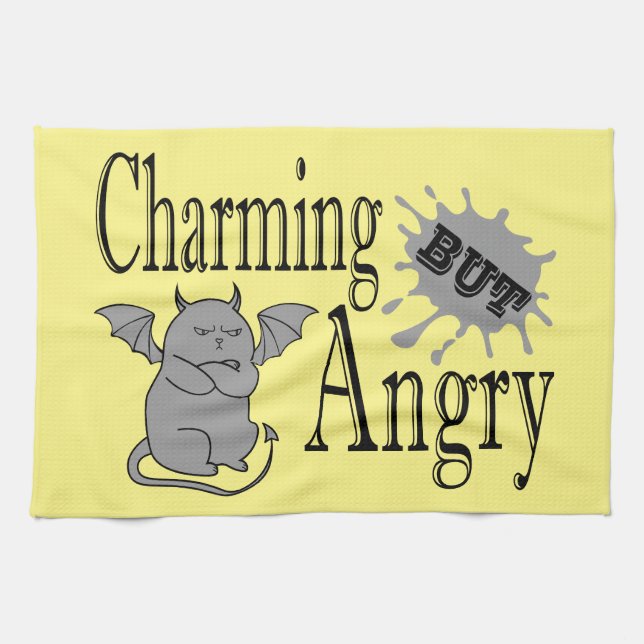 Charming but angry little devil cat funny quote tea towel (Horizontal)