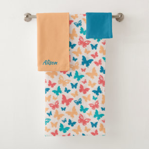 Charming Butterfly beige pink turquoise pattern Bath Towel Set