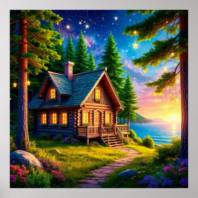 Charming Cabin by a Lake with Starry Sky Poster (Front)
