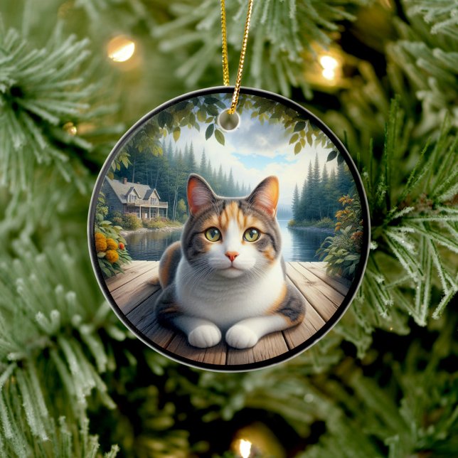 Charming Calico Cat Rustic Scene  Ceramic Ornament (Creator Uploaded)