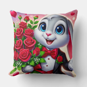 Charming Cartoon Bunny Holding Roses Cushion