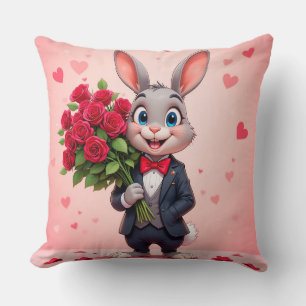 Charming Cartoon Bunny Holding Roses Cushion