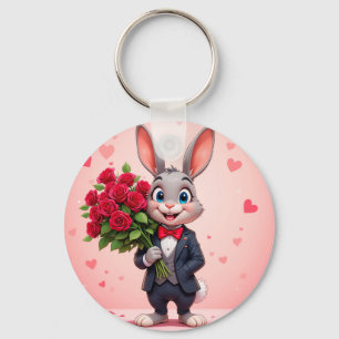 Charming Cartoon Bunny Holding Roses Key Ring