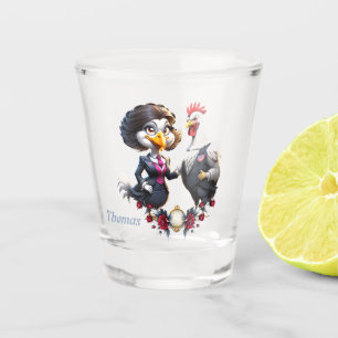 Charming cartoon chicken couple. shot glass
