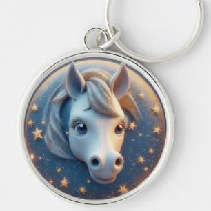 Charming Cartoon Horse Portrait With Stars Key Ring
