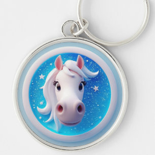 Charming Cartoon Horse Portrait With Stars Key Ring