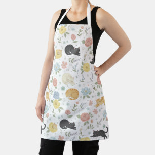 Charming Cat and Pastel Flower Pattern Apron 