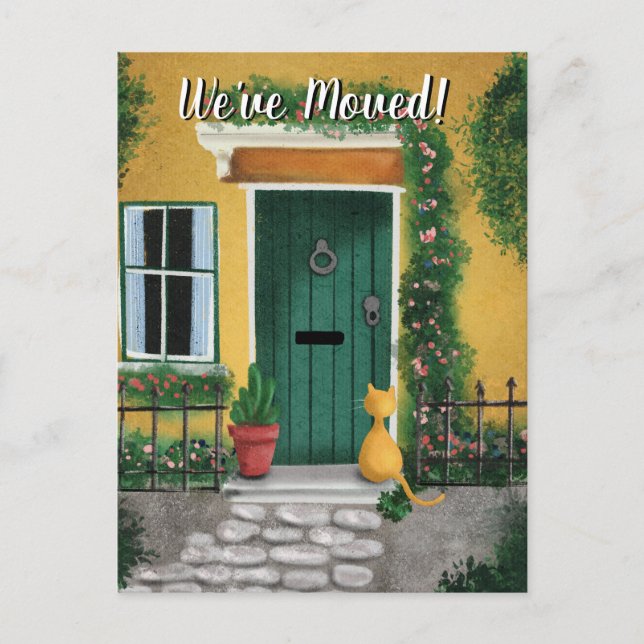 Charming Cat at the Front Door Moving new home Announcement Postcard (Front)