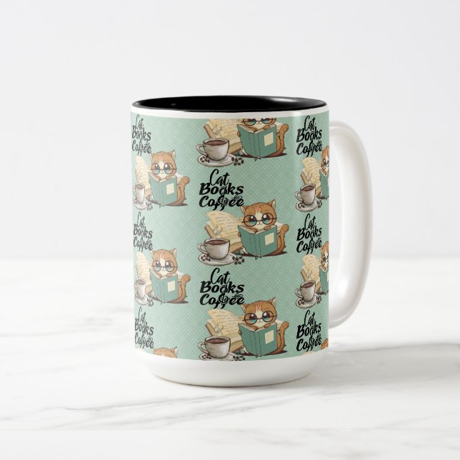 Charming Cat & Girl Reading Books Two-Tone Coffee Mug (Front Right)