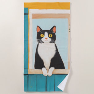 Charming Cat in Window Beach Towel