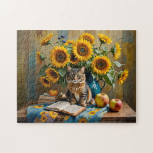 Charming Cat with Sunflower Bouquet Jigsaw Puzzle