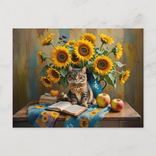 Charming Cat with Sunflower Bouquet Postcard