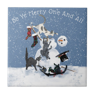 Charming cats and the snowman personalised 4 ceramic tile