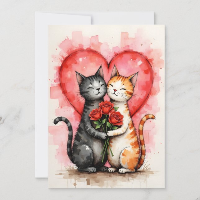 Charming Cats Valentine Hearts and Red Roses Card (Front)