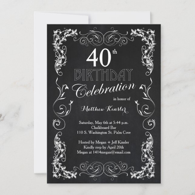 Charming Chalkboard 40th Birthday Party Invitation (Front)