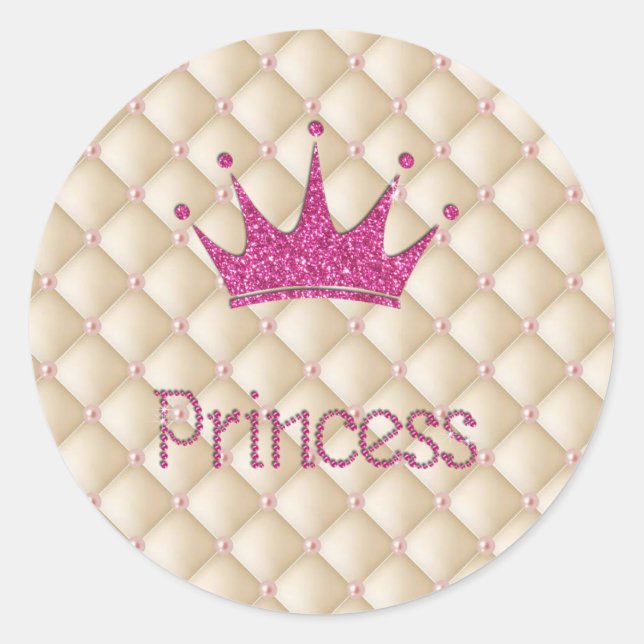 Charming Chic Pearls ,Tiara, Princess,Glittery Classic Round Sticker (Front)