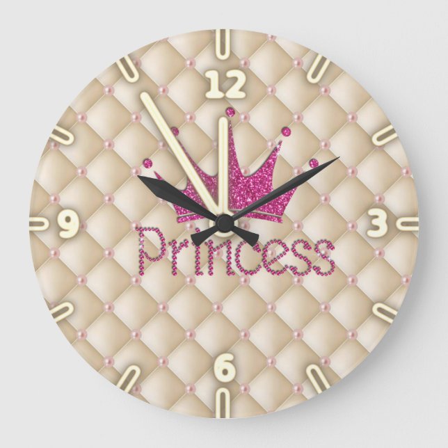 Charming Chic Pearls ,Tiara, Princess,Glittery Large Clock (Front)