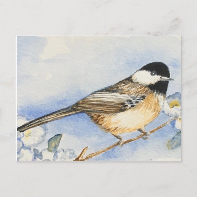 Charming Chickadee Flowers Watercolor Postcard (Front)