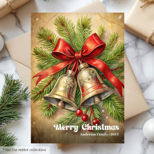 Charming Christmas bells classic holly berries  Holiday Card