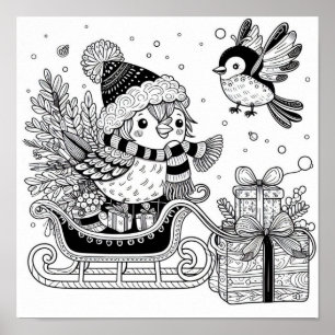 Charming Christmas Bird's Sleigh Ride Colouring  Poster