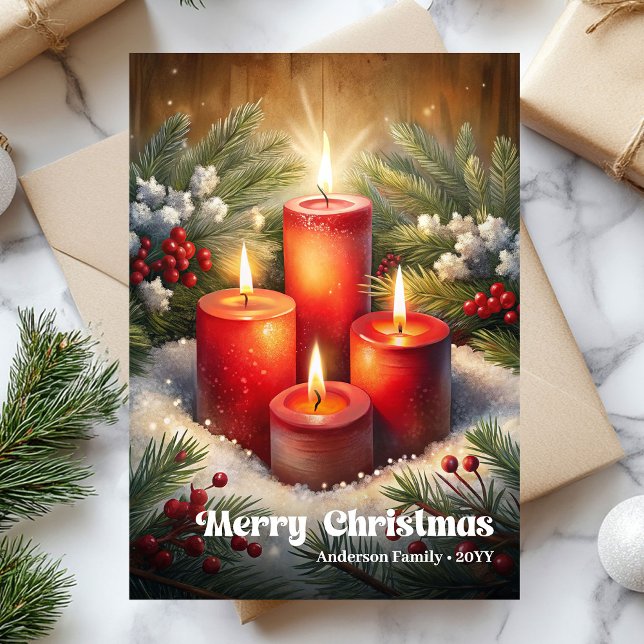 Charming Christmas candles classic holly berries Holiday Card (Charming Christmas candles classic holly berries Holiday Card)