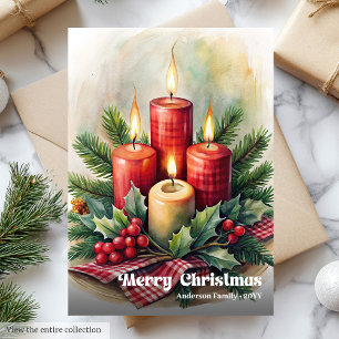 Charming Christmas candles rustic holly greeting Holiday Card
