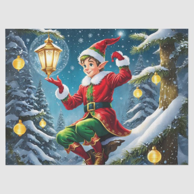 Charming Christmas Elf in the Tree Decoupage Craft Tissue Paper (Front)