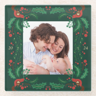 Charming Christmas Floral Frame Coaster