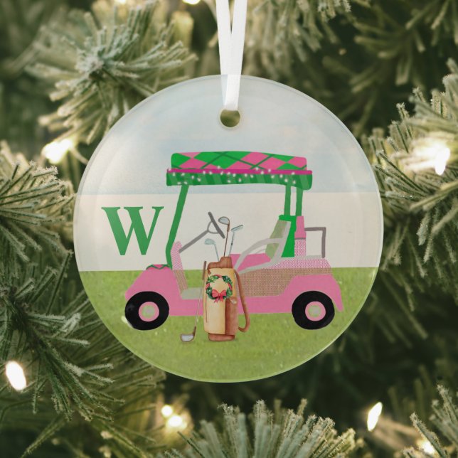 Charming Christmas Golf Cart with Clubs Monogram   Glass Tree Decoration (Insitu)