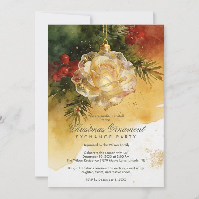Charming Christmas Ornament Shaped Like a Rose Invitation (Front)