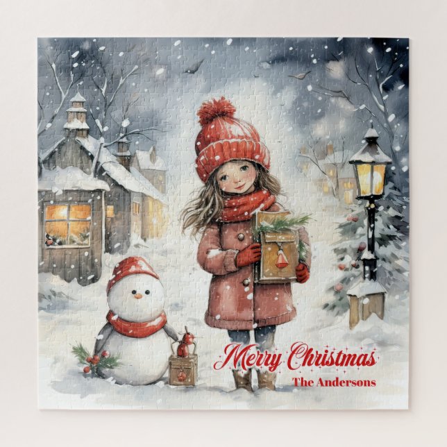 Charming Christmas scene with little girl snowman Jigsaw Puzzle (Vertical)