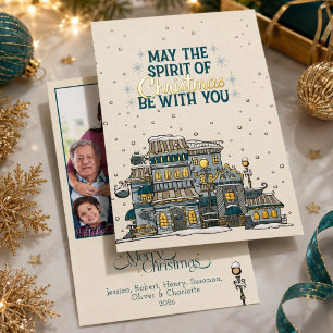 Charming Christmas Spirit Snowy Town Photo Gold Foil Holiday Card