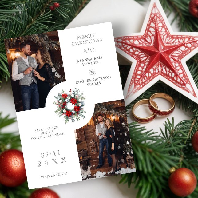 Charming Christmas Wedding Floral Wreath 2 Photos Save The Date (Classy Charming Christmas Wedding Floral Wreath 2 Photos Save the Dates Cards with Initials.)