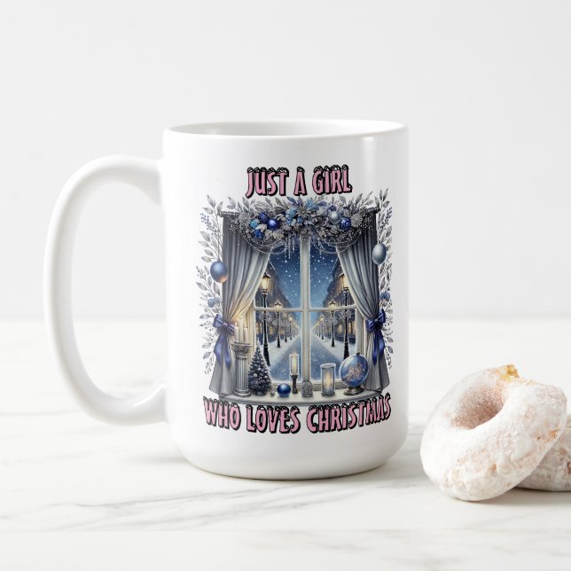 Charming Christmas Window With Snow View Coffee Mug (With Donut)