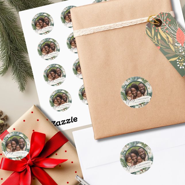 Charming Circle Elegant Ivory & Blue Family Photo Classic Round Sticker (Creator Uploaded)