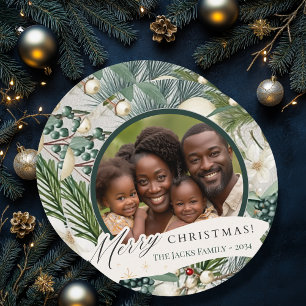 Charming Circle Elegant Ivory & Blue Family Photo Holiday Card