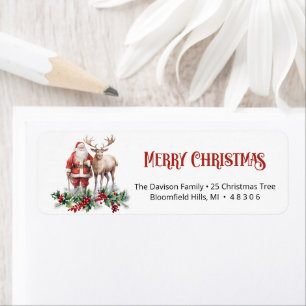Charming classic Santa with reindeer and holly Return Address Label