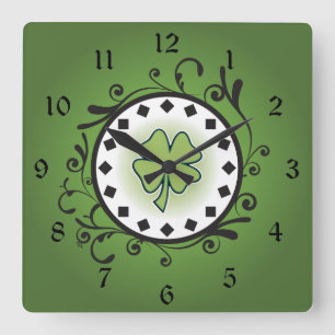 Charming Clover and Vines Green and Black Irish Square Wall Clock